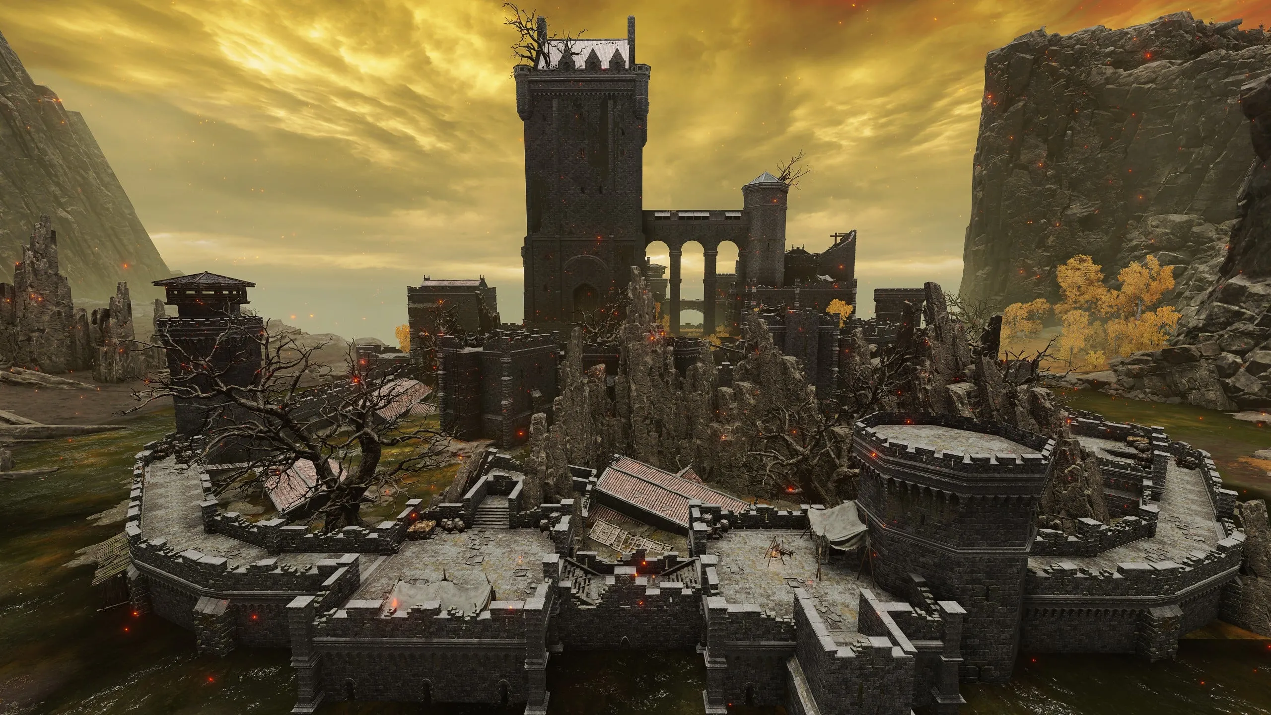 Elden Ring dramatic castle architecture showing scale texture and atmospheric lighting that transforms architecture into mythology