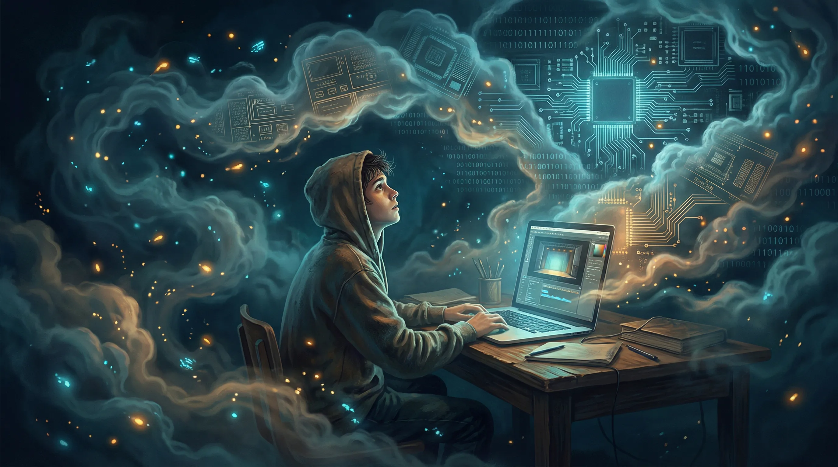 Theatre student working in dramatic theatrical space with cyan stage lighting