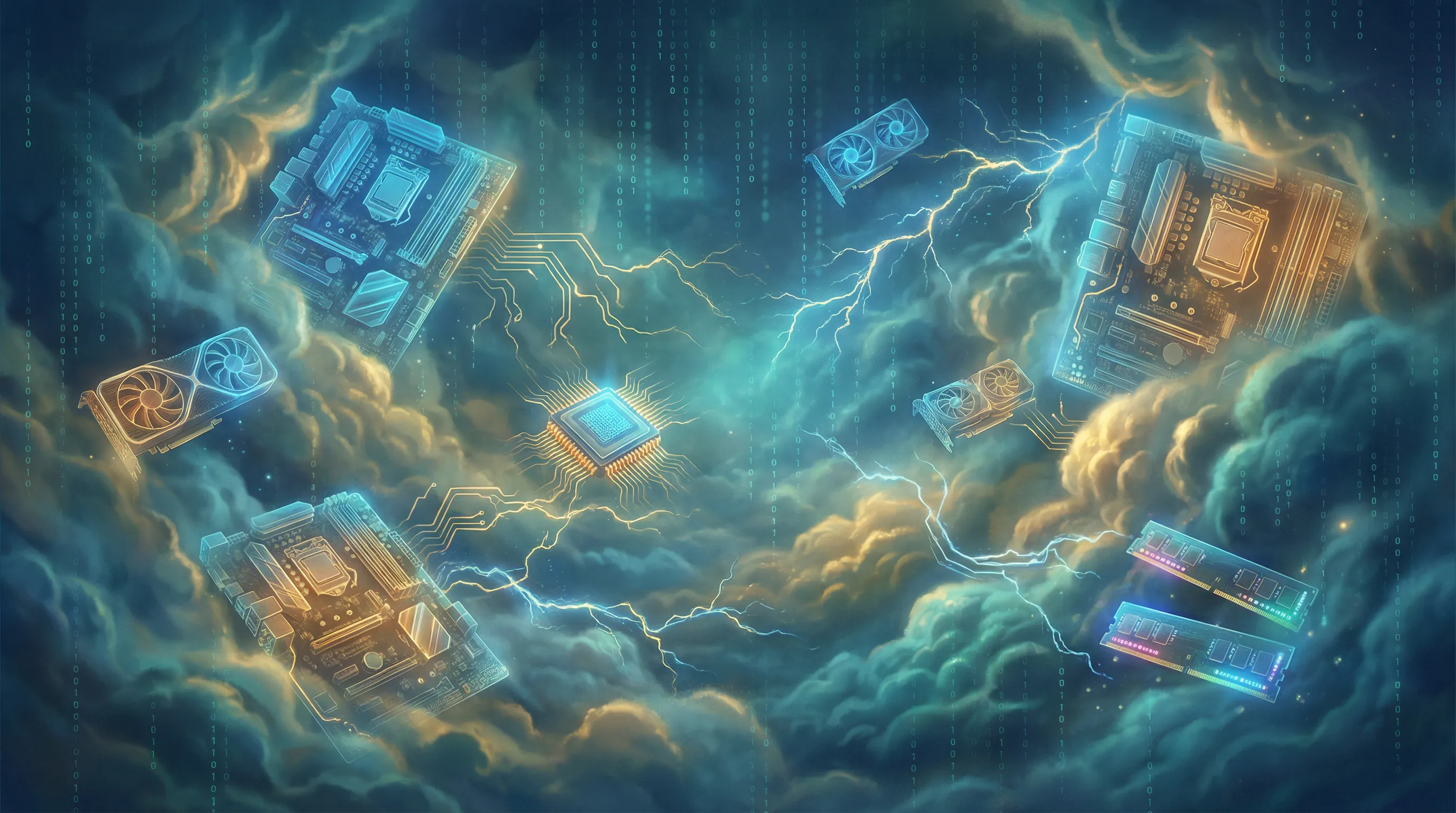 Computer hardware components with dramatic cyan lighting