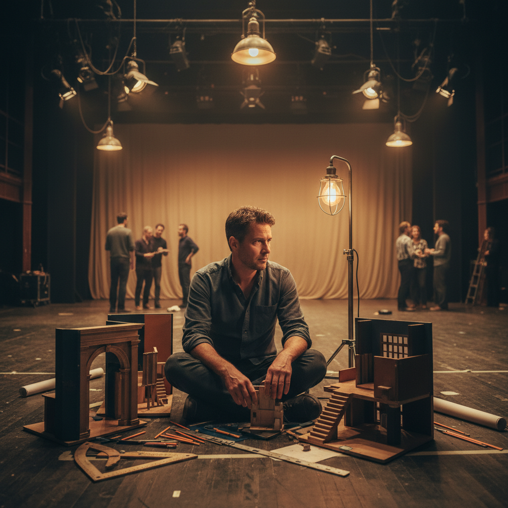 Generated editorial image representing artistic identity and scenic design practice in a rehearsal-focused environment.