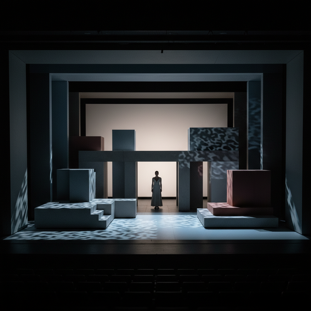 Generated editorial image of a minimalist proscenium stage with modular scenic elements and projected textures.