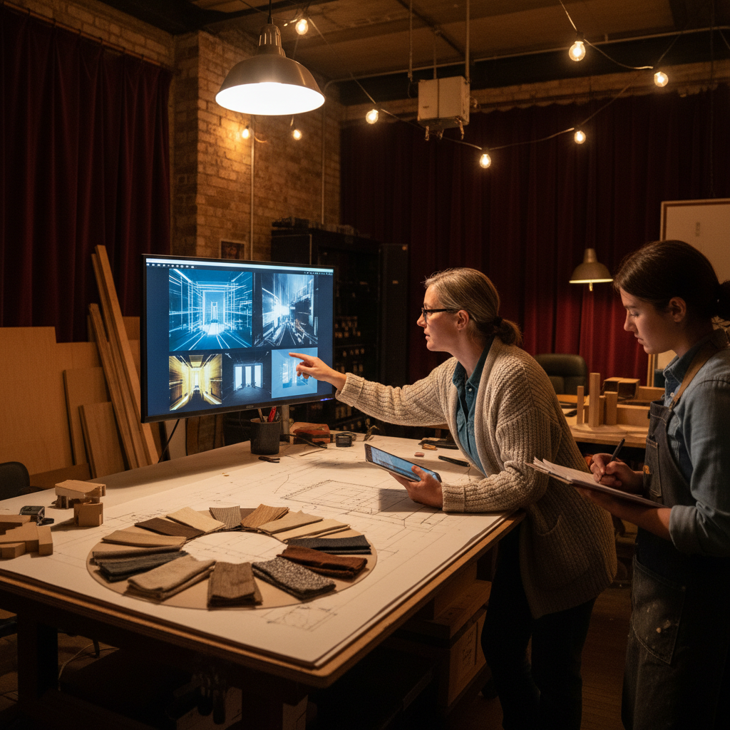 Generated editorial image of a regional theatre design workflow combining projection mapping and sustainable scenic materials.