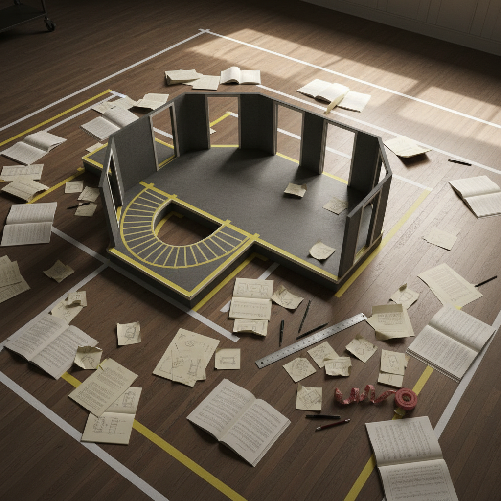 Editorial image of a scenic design preproduction workflow with taped ground plan, script analysis notes, and collaborative drafting tools.