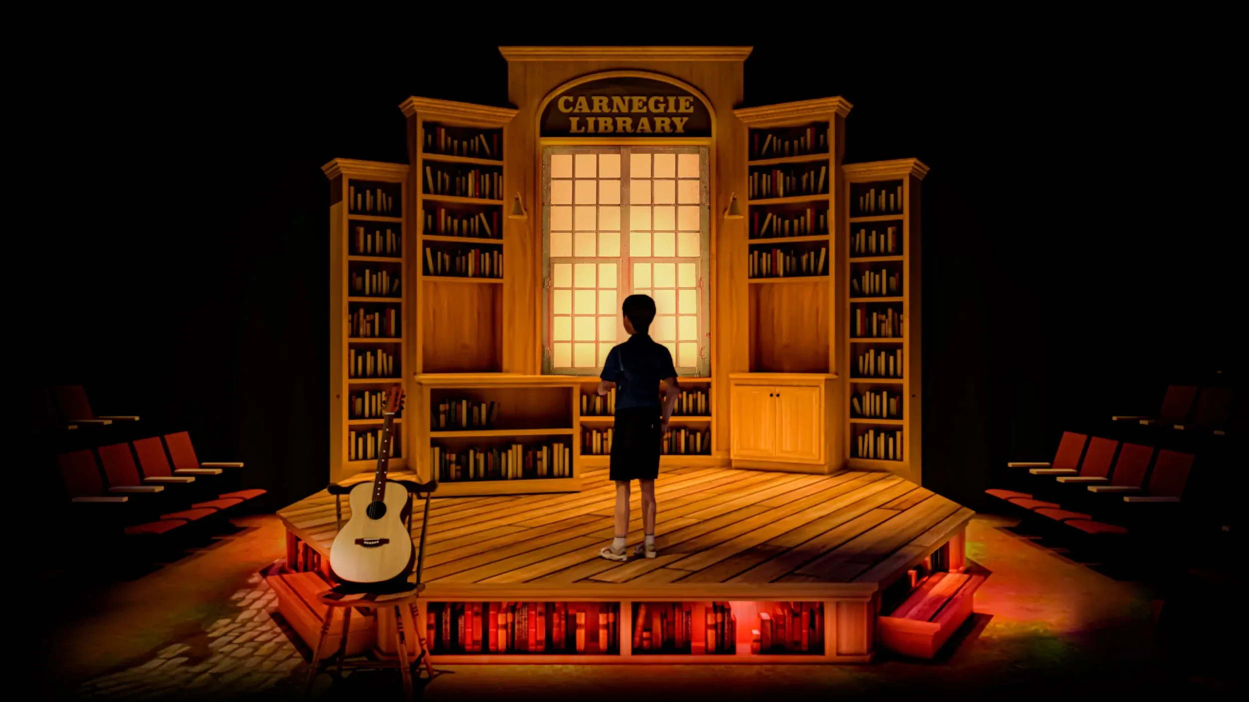 Rendering for Tomás and the Library Lady with layered shelves, warm light, and spatial depth.