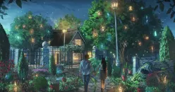 Couple holding hands walks towards an enchanted cottage at night. Lanterns glow in trees, flowers bloom, and