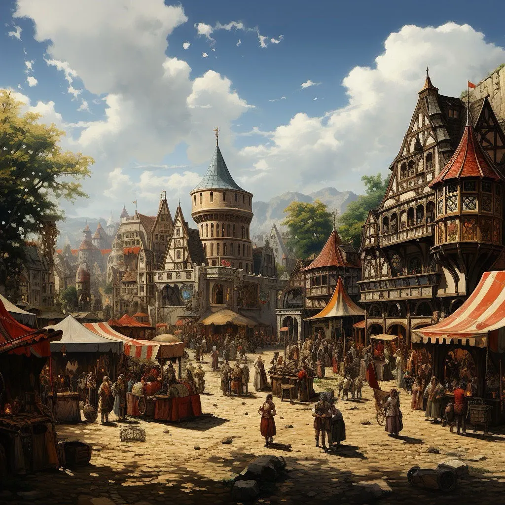 Medieval market scene with people in period clothing, stalls with striped canopies, and intricate half-timbered buildings under a blue sky.