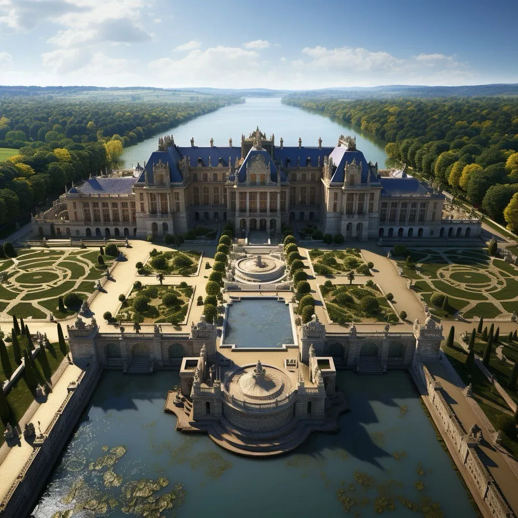 A grand château with blue roofs, surrounded by formal gardens and a reflective moat, set against a river and forest under a clear blue sky.