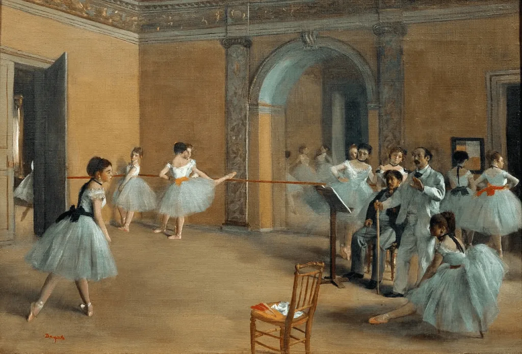 The Dance Foyer at the Opera, 1872 — Edgar DegasBallet dancers rehearse in an ornate interior, emphasizing discipline, ritual, and performance culture.