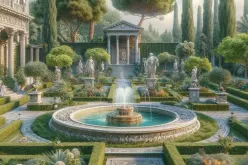 Elegant garden with statues, a central fountain, lush greenery, and a classical building. Soft light creates a serene atmosphere.