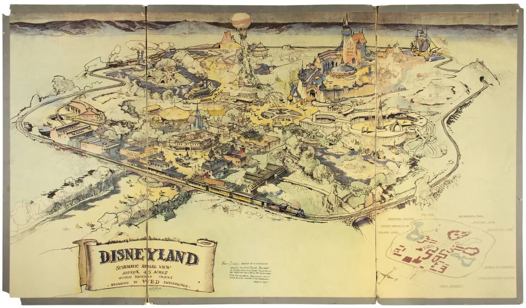 Illustrated Disneyland map with labeled attractions, railroad tracks, and scenic landscape. Vintage style with muted colors. Text reads