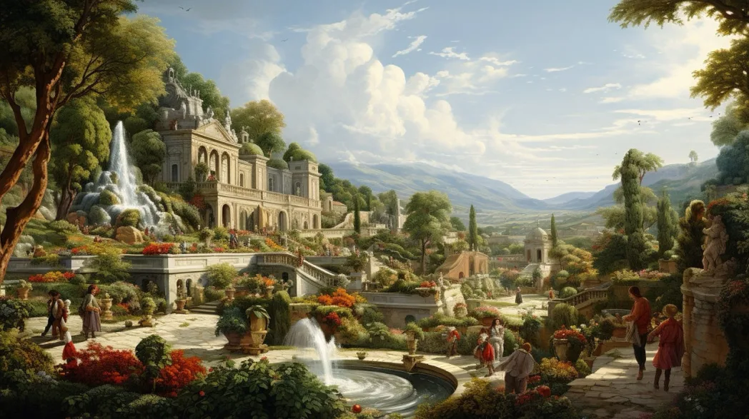 Elegant garden with a waterfall, ornate architecture, and people strolling. Lush greenery, bright flowers, and mountains under a blue sky.